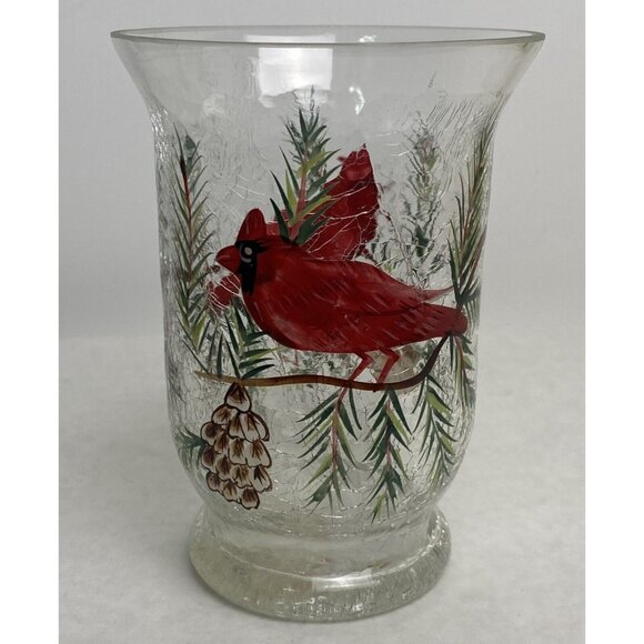 Celebrations Hand-Painted Crackle Glass Vase Red Cardinal Candle Holder 6 Inches - Picture 3 of 9